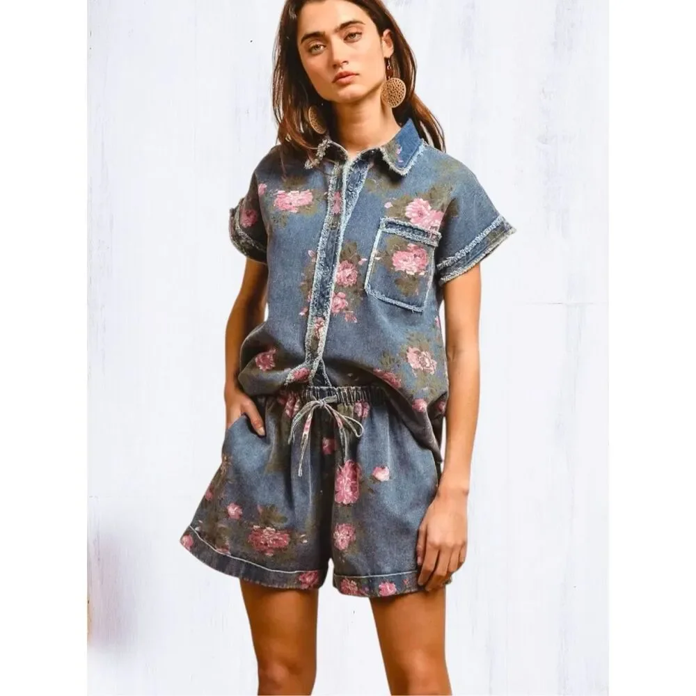 BiBi Floral Denim Short High Rise Drawstring Pink Rose Print Relaxed Fit Pockets - Picture 7 of 12